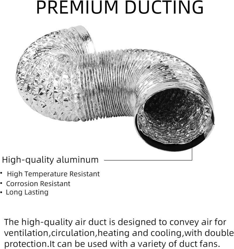 HYDROWE Dryer Vent Hose Flexible PVC Aluminum Foil Ducting Dryer Vent Hose for HVAC Ventilation with 2 Clamps (4in 5ft Silver) - Image 3